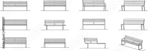 A comprehensive collection of twelve different park bench designs, rendered as detailed technical line drawings for architectural and urban planning purposes, isolated on a clean white background.