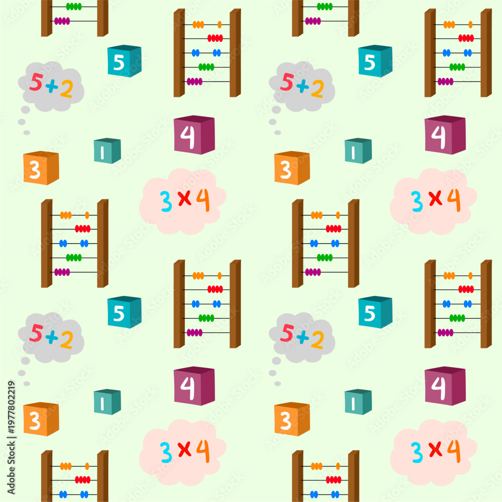 Fototapeta premium Seamless pattern background with book, study, learning, mathematics, numbers, letters, flat design.