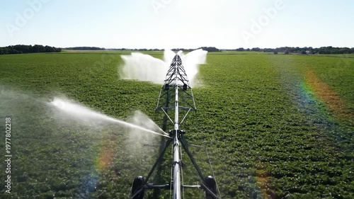 Aerial View of Center Pivot Irrigation System Watering Agricultural Crop Field