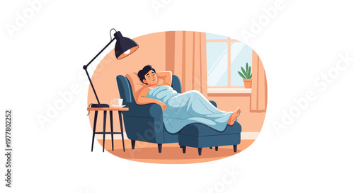 Man relaxes in chair with blanket in cozy room during afternoon