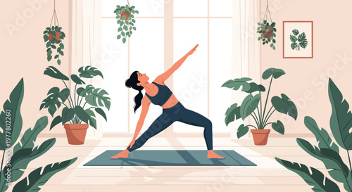 Woman practices yoga in a bright room surrounded by plants during daytime
