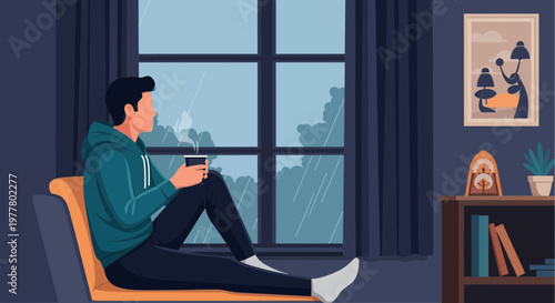 Enjoying a warm drink while sitting by the window on a rainy day in a cozy room during the evening