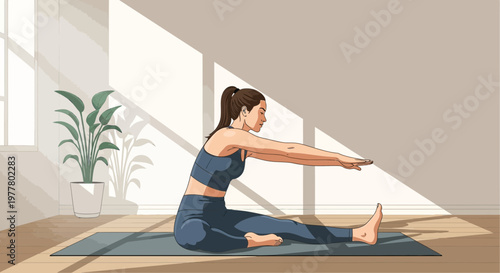 Woman stretches on a yoga mat in a bright room with sunlight and a plant in the corner during a calm morning