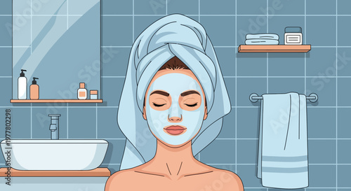 Woman applying face mask in bathroom while wearing towel on her head and relaxing in private space