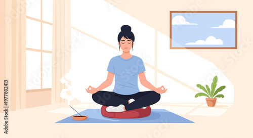 Woman practices meditation at home in a bright room with plants and incense in the afternoon