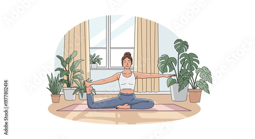 Woman practicing yoga in a room with plants and curtains during daylight hours
