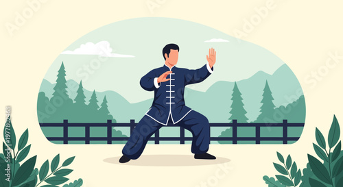 Martial artist practices in an outdoor setting with mountains and trees in the background during daylight hours
