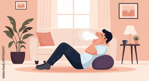 Man relaxing at home while sipping drink and enjoying cozy environment with plants and couch in afternoon