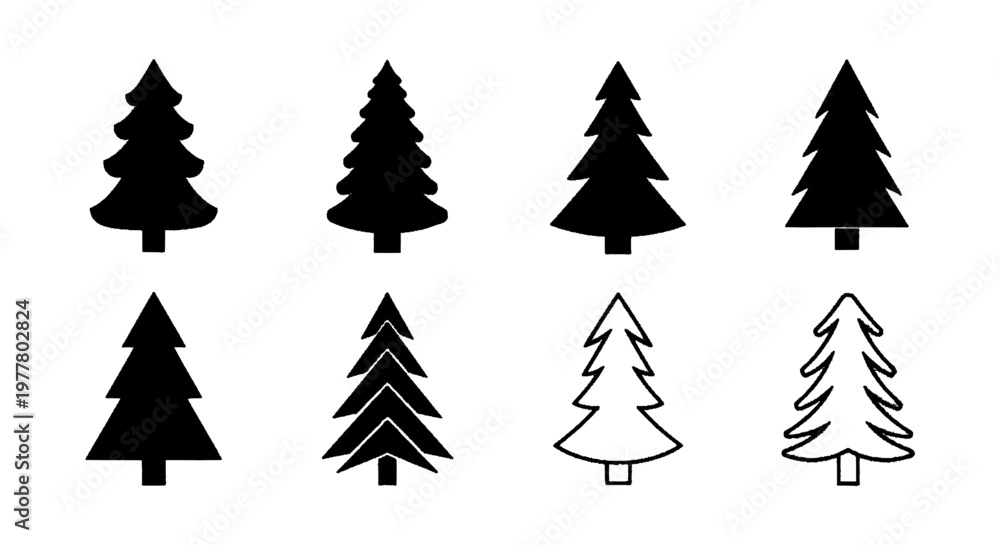 Fototapeta premium Vector illustration of set of various pine tree silhouettes and outline icons on a transparent background