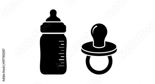 Vector illustration of baby bottle and pacifier icon set on a transparent background