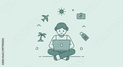 Travel, vacation planning, minimalist icons, line art, green, woman with laptop, tourism, getaway, relaxation