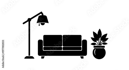 Vector illustration of minimalist living room furniture icon set with sofa, floor lamp and plant on a transparent background