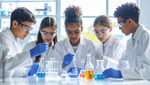 Diverse group of high school students conducting a science experiment in a modern laboratory.