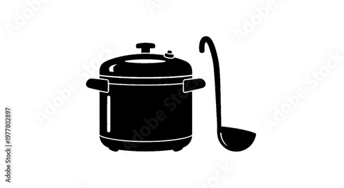 Vector illustration of black silhouette icon of a pressure cooker with a soup ladle on a transparent background