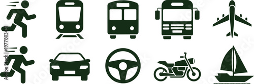 Collection of dark green transportation including running figures train bus airplane car steering wheel motorcycle and sailboat