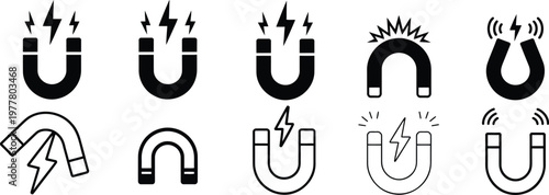 Collection of horseshoe magnet with lightning bolts and magnetic field waves electricity