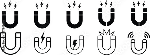 Collection of horseshoe magnet with lightning bolts and radiating waves black