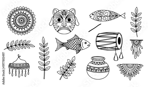 Pohela Boishakh icons black and white vector set with Bengali new year traditional symbols