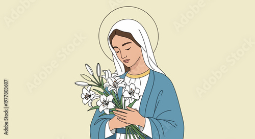 Virgin Mary holding lilies, religious illustration, serene portrait, halo, faith, purity