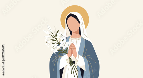 Virgin Mary Illustration with Lilies and Halo