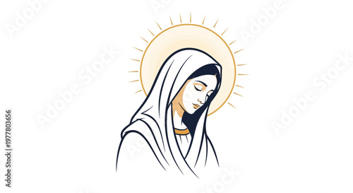 Virgin Mary Illustration with Halo, Religious Symbol, Christian Iconography, Serene Portrait