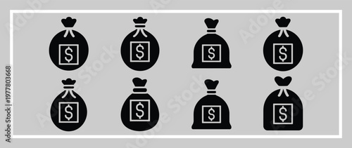 Eight black money bags with dollar signs on a light gray background with white border currency