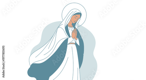 Virgin Mary illustration, praying, serene, religious icon, spiritual, faith, hope, blue and white