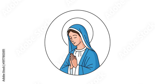 Virgin Mary praying with halo, religious icon, illustration