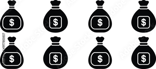 Eight black money bags with dollar signs on white background symbol