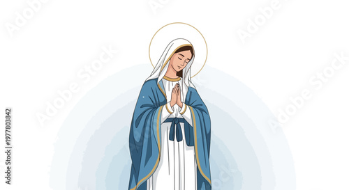 Virgin Mary praying with halo, gentle illustration, religious icon