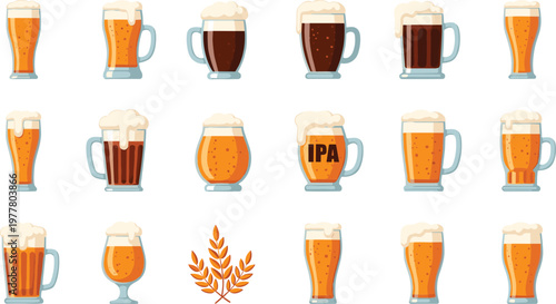 Set of Beer Glass Illustrations Featuring Lager, Ale, IPA, Dark Beer, and Craft Beer Styles with Foam and Wheat Elements