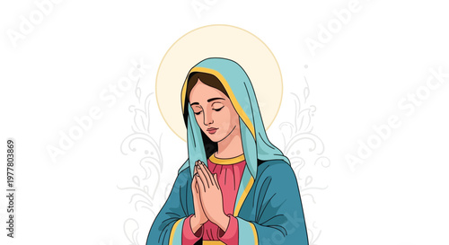 Virgin Mary Praying with Halo, Religious Illustration