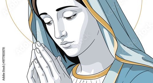 Virgin Mary Praying with Halo, Religious Illustration