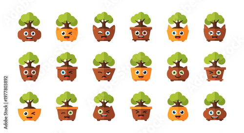Cute Bonsai Tree Characters with Various Emotions