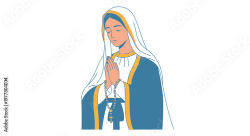 Virgin Mary Praying with Rosary, Religious Illustration