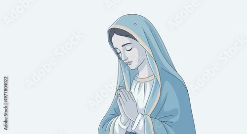 Virgin Mary praying, serene religious illustration, folded hands, blue veil, white robe