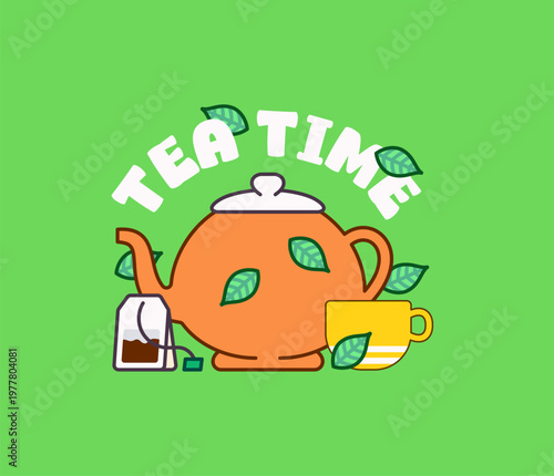 Tea time illustration with teapot cup and herbal drink concept vector hand drawn