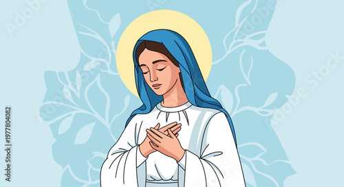 Virgin Mary serene portrait, praying, halo, blue veil, white robe, floral background