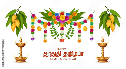 Festive Tamil New Year design featuring traditional decorations like mango leaves and colorful floral garlands, accented by the warm glow of oil lamps against a clean white backdrop