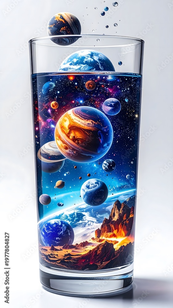 Obraz premium Planets floating in a tall glass of clear liquid, a creative space concept. 