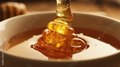 Golden honey dripping slowly into a bowl, viscous liquid, sweet natural food
