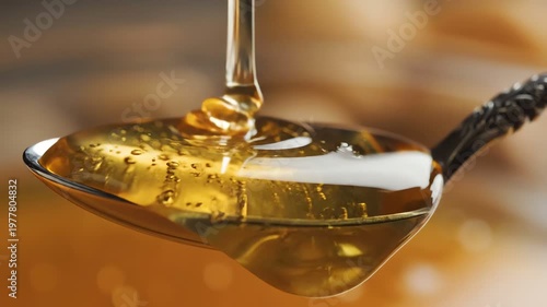 Golden honey pouring onto a spoon, close-up, macro shot, macro photography, healthy food