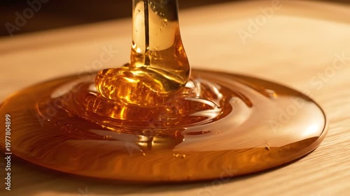 Golden Honey Pouring onto Wooden Surface, Close Up Macro Shot