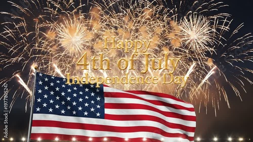 Happy 4th of July Independence Day Celebration with Fireworks and American Flag