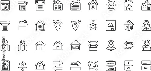 Real Estate Navigation and Property Search Icons Set with Location Maps Saved Homes Filters Listings and User Interface Line Vector Collection