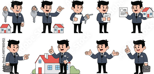 Real Estate Agent Cartoon Character Set with Property Sales Gestures Keys Documents House Icons and Business Presentation Poses