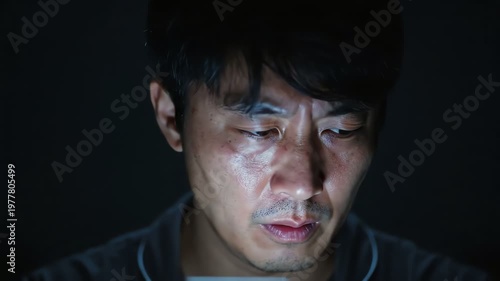 Man's face illuminated by smartphone screen in dark room, close-up, digital addiction concept