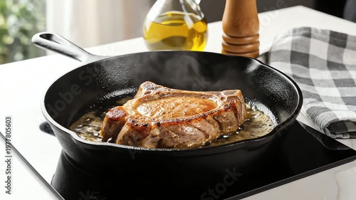 Pork chop sizzling in cast iron skillet on electric stove, cooking delicious meal