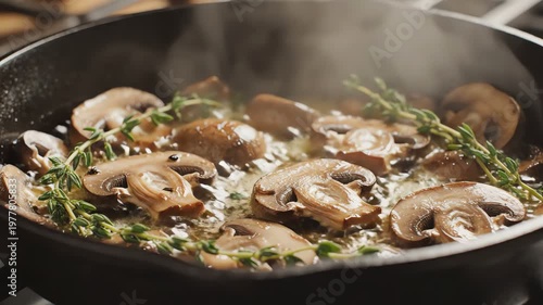 Sizzling sliced mushrooms and thyme cooking in a cast iron pan with steam rising