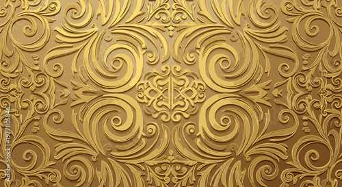 Luxurious golden background with intricate embossed swirling patterns and symmetrical ornamental design.